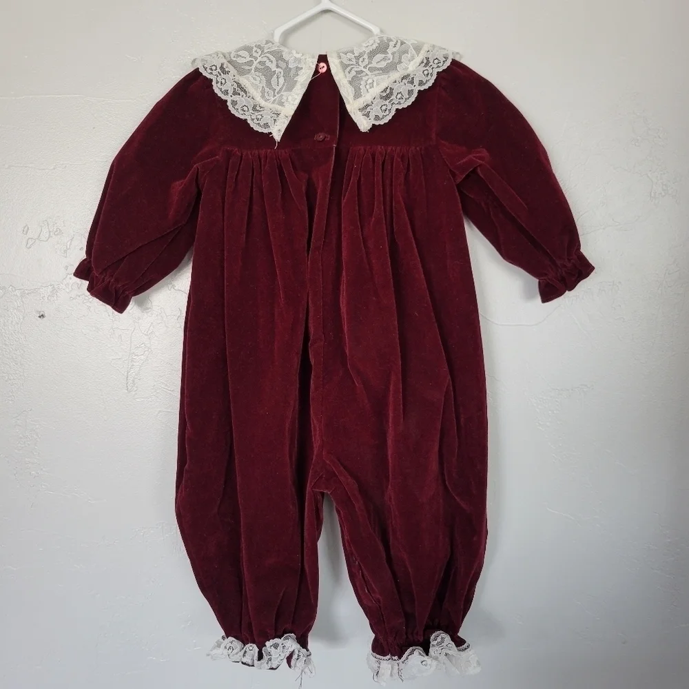 Jolene Vintage Burgundy Velvet One Piece Outfit Hat Set White Lace Baby Girl 12